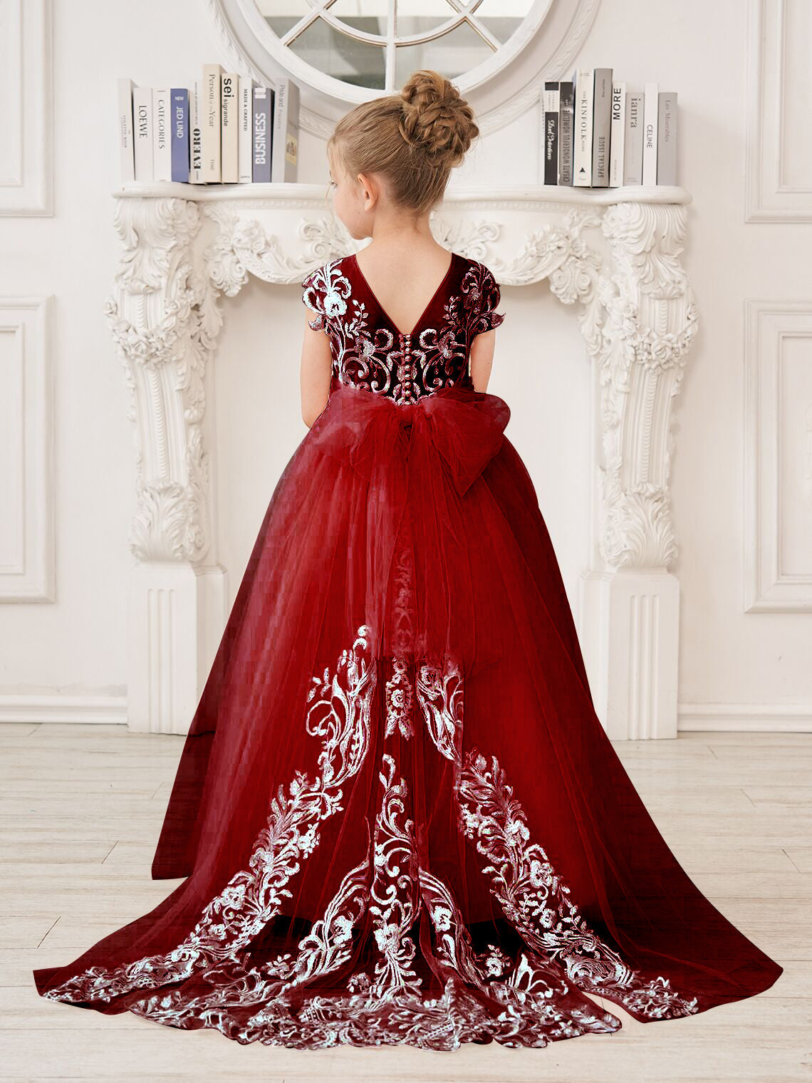 Vestido rosa de niña de las flores, corte en A, encaje, tul y cola corta 
