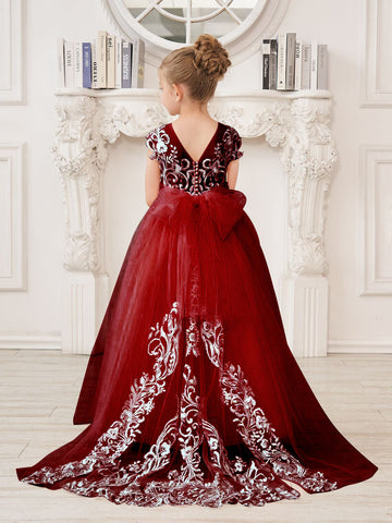 Vestido rosa de niña de las flores, corte en A, encaje, tul y cola corta 