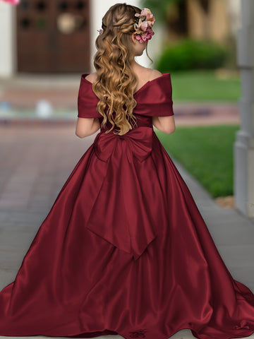 Elegante vestido de princesa de satén marfil con cola y lazo para niñas de las flores 