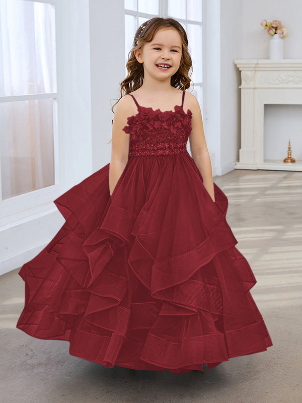 Vestido de niña de las flores de tul sin mangas, corte princesa, azul pizarra, corte en A, estilo princesa 