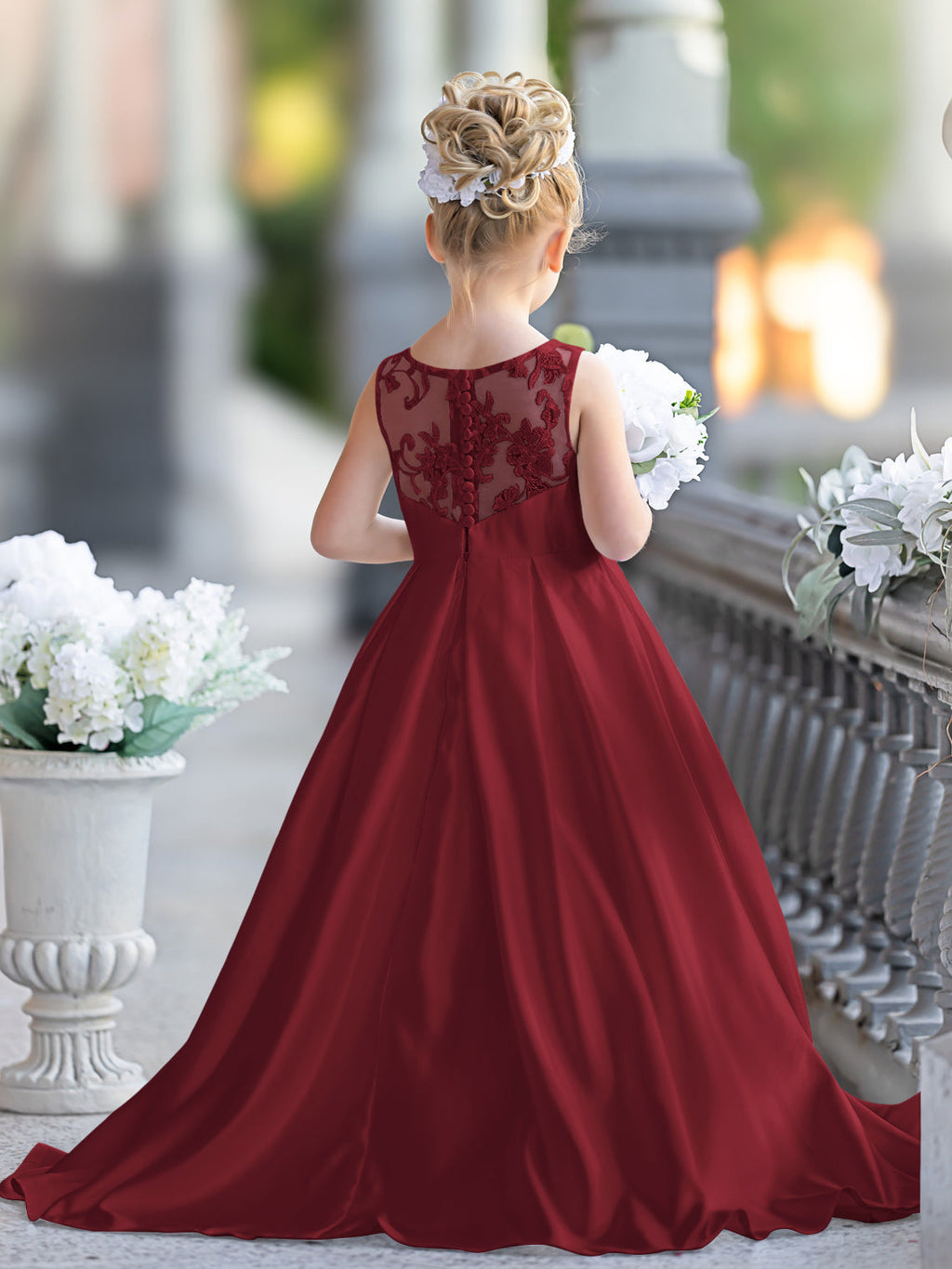 Vestido de niña de las flores para la Primera Comunión, corte en A, encaje y satén, hasta el suelo 