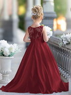 Vestido de niña de las flores para la Primera Comunión, corte en A, encaje y satén, hasta el suelo 