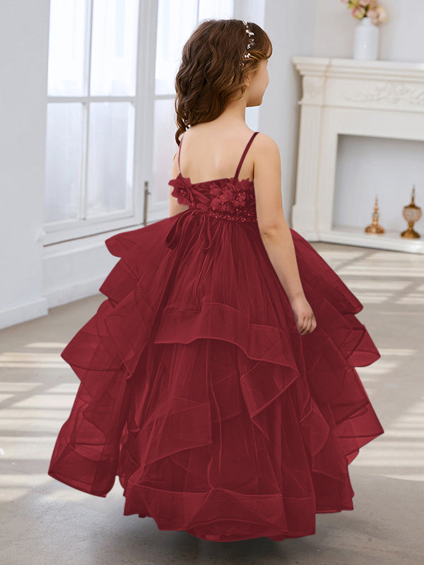 Vestido de niña de las flores de tul sin mangas, corte princesa, azul pizarra, corte en A, estilo princesa 