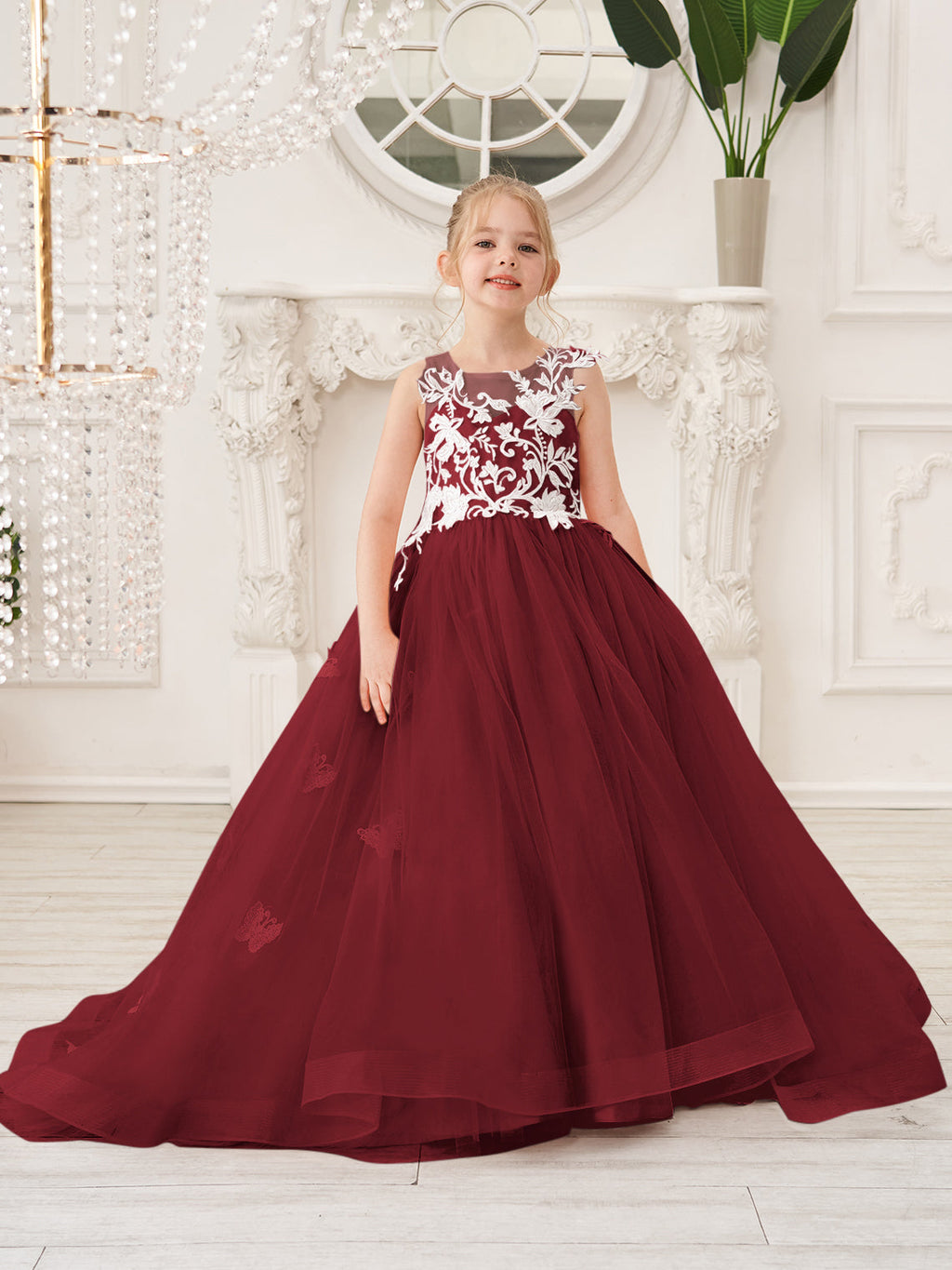Elegante vestido de princesa sin mangas de tul para niña de las flores, corte en A 