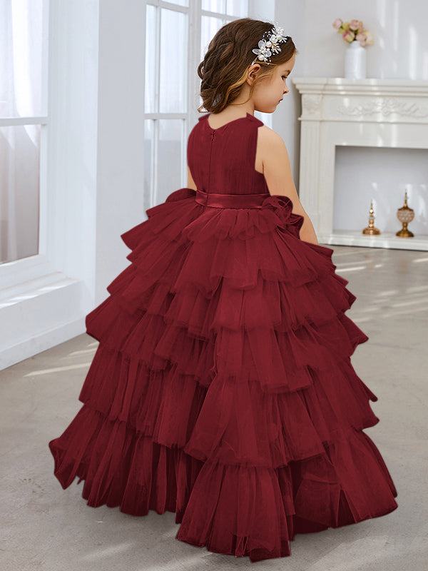 Vestido de princesa rosa perla sin mangas para niña de las flores con lazo de tul 