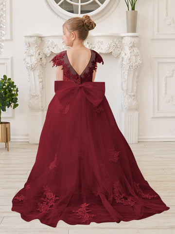 Vestido de niña de las flores para la Primera Comunión, color marfil, con cola desmontable estilo princesa. 