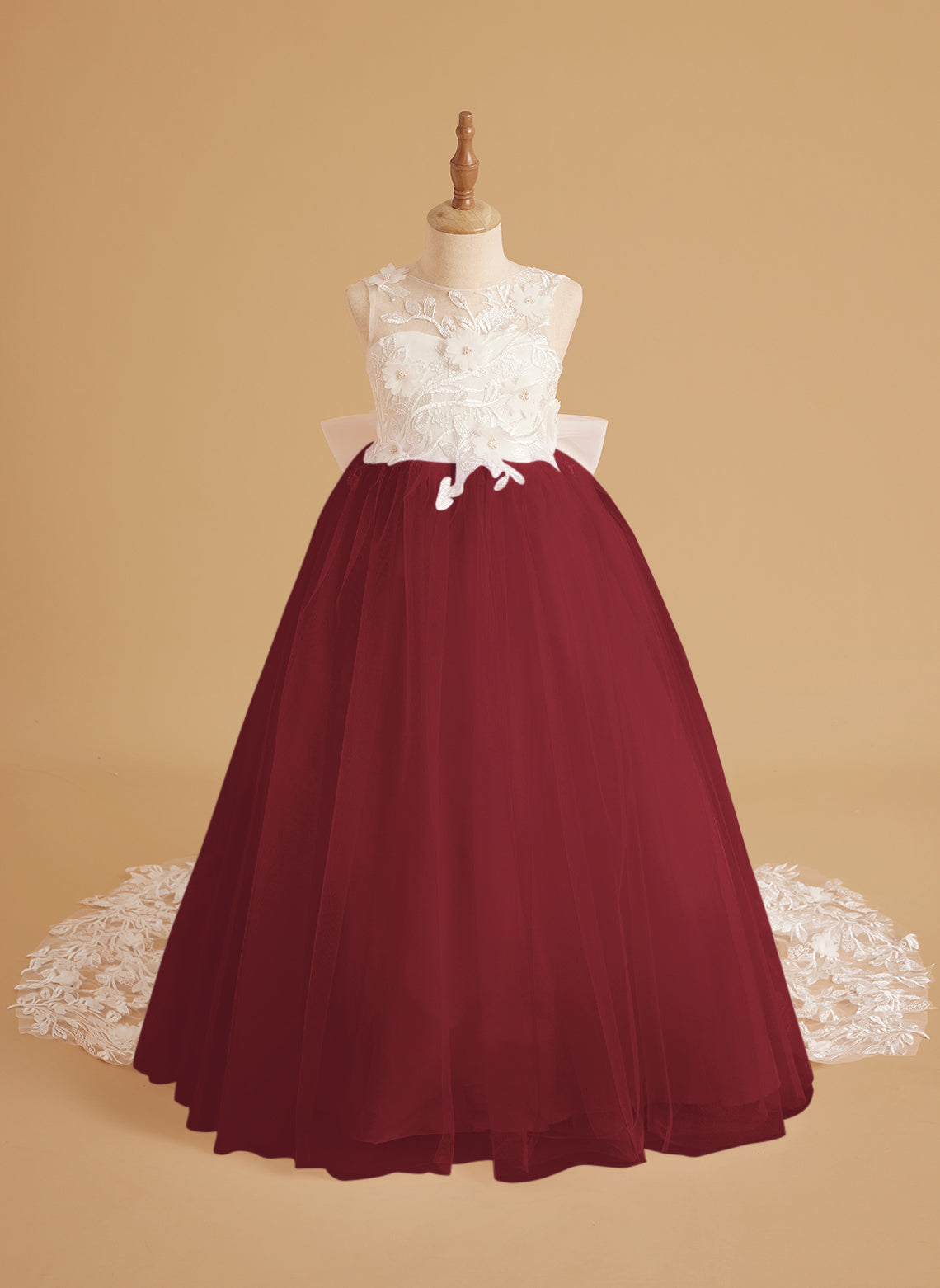 Vestido de niña de las flores sin mangas con cola desmontable de princesa de ensueño 