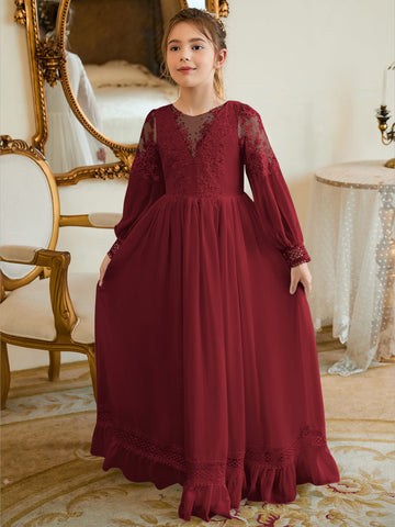 Vestido de Primera Comunión color marfil, corte en A, de gasa hasta el suelo 