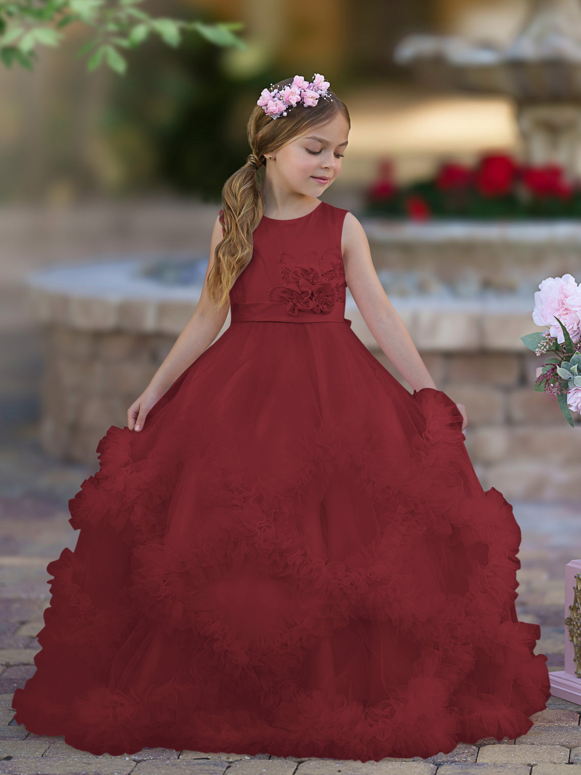 Vestido de niña de las flores de corte A, de satén y tul, hasta el suelo, con volantes en cascada. 