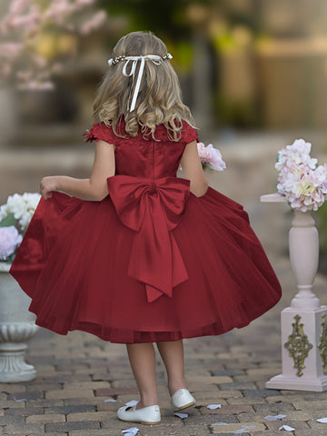 Vestido de niña de las flores de la Primera Comunión, color marfil, de tul satinado hasta la rodilla 