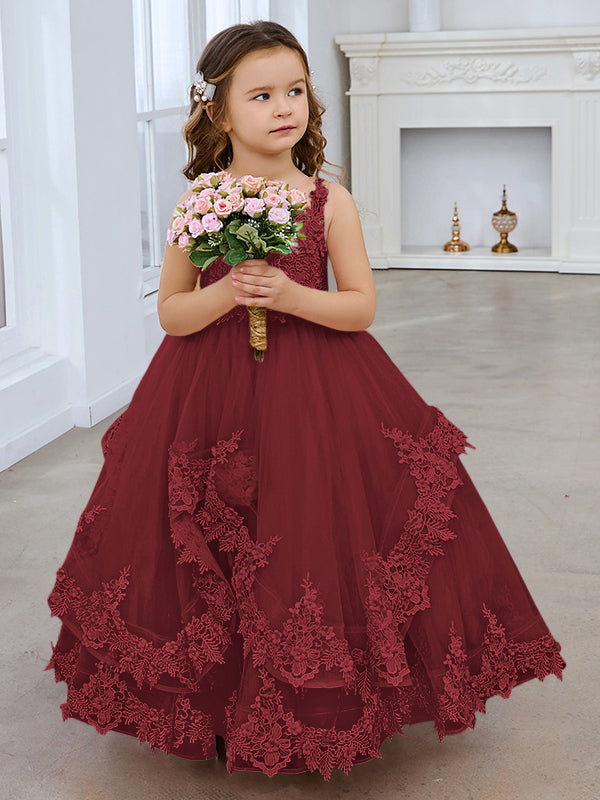 Vestido de princesa sin mangas de tul con apliques de encaje y cola corta para niñas 
