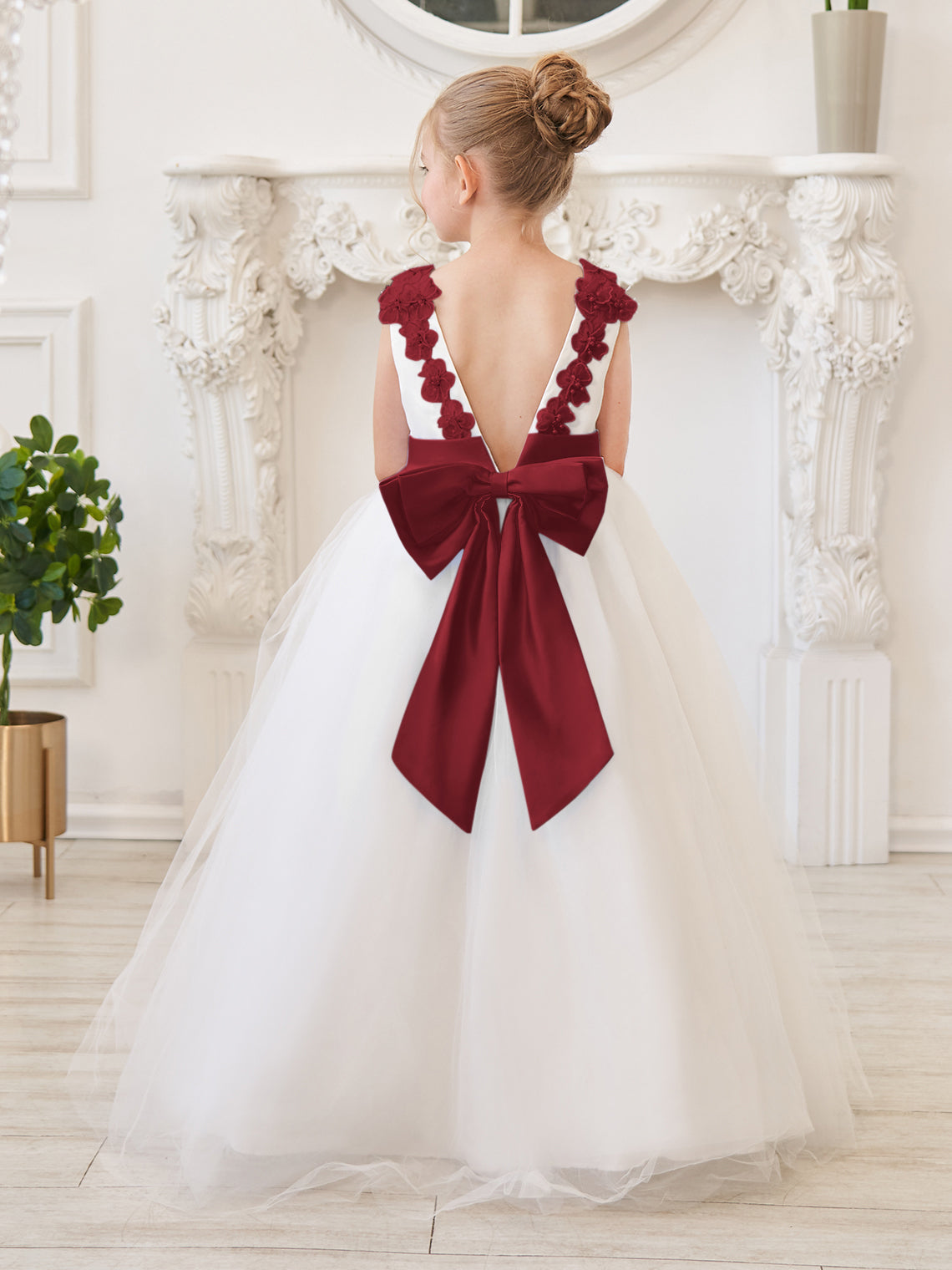 Vestido de princesa/de princesa con flores 3D de tul hasta el suelo, color marfil, para niña de las flores 