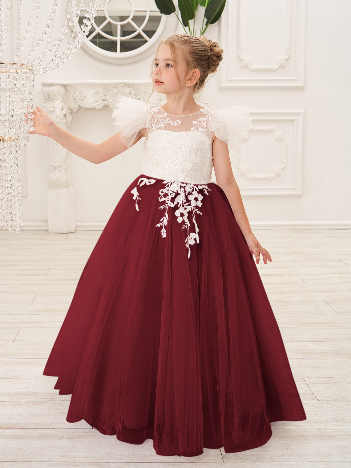 Vestido de niña de las flores con cola de tul y encaje desmontable 