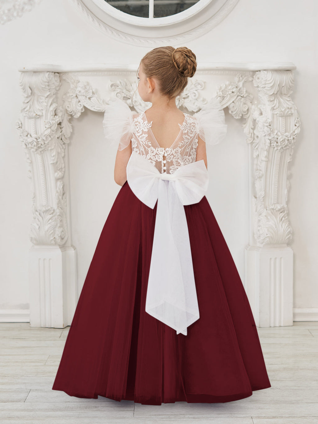 Vestido de niña de las flores con cola de tul y encaje desmontable 