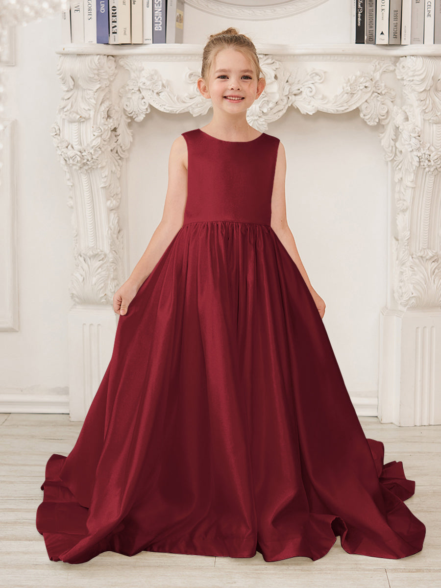 Vestido de niña de las flores de satén sin mangas, corte princesa, con cola y lazo. 