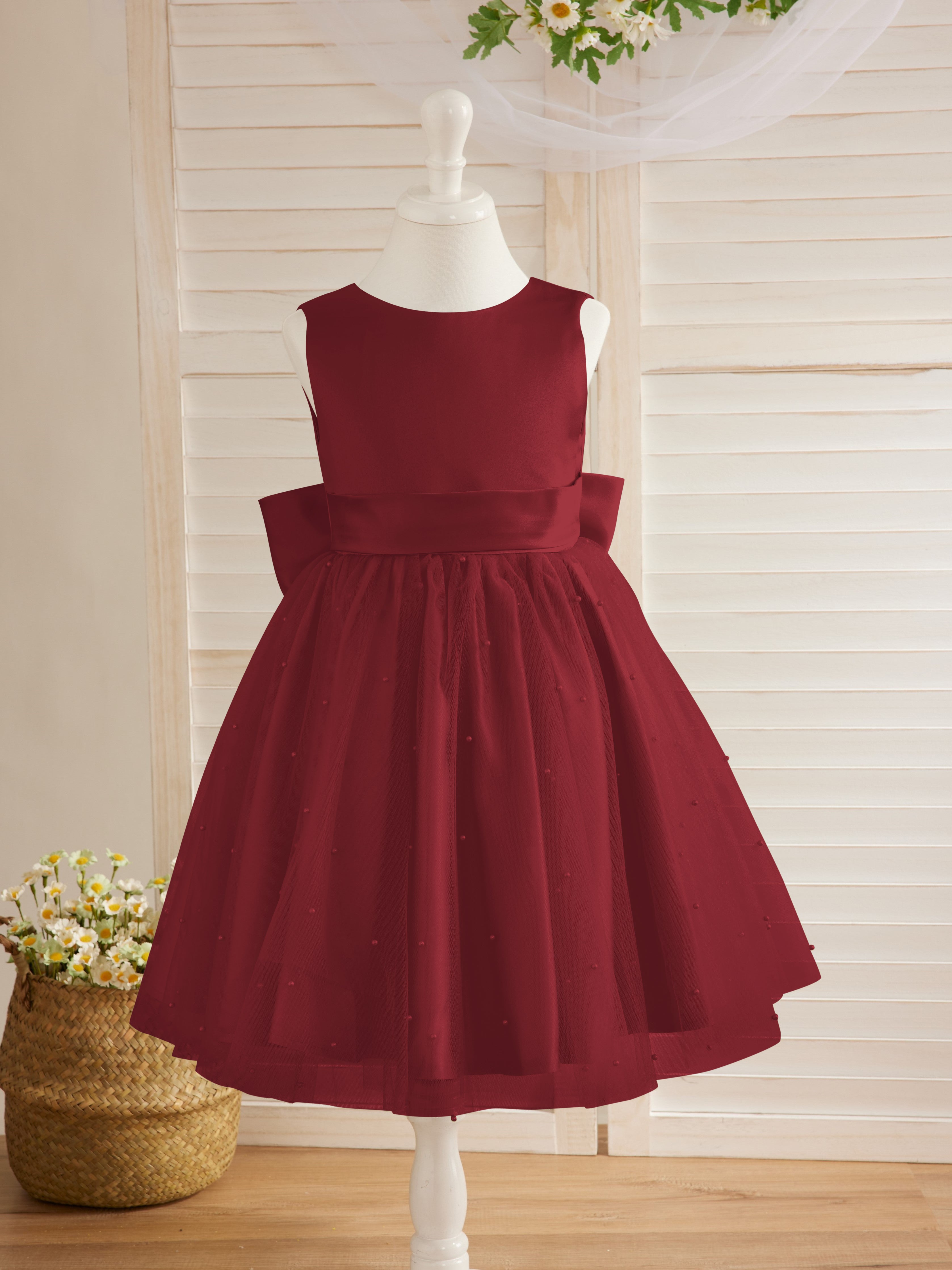 Vestido de princesa/vestido de princesa de satén y tul hasta la rodilla para niña de las flores 