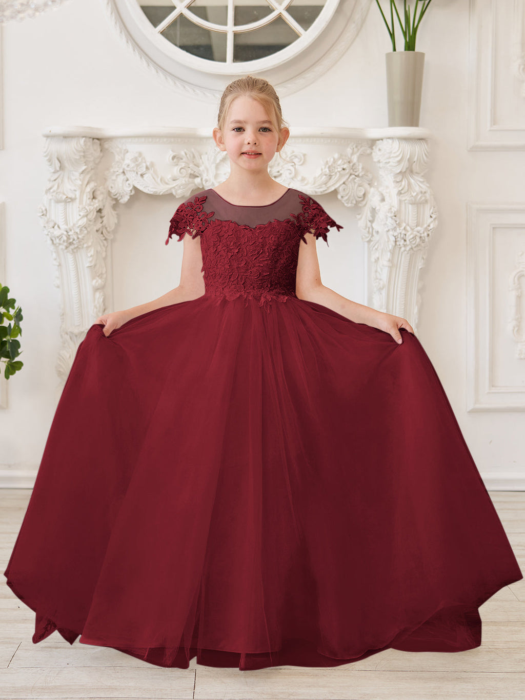 Vestido de niña de las flores para la Primera Comunión, color marfil, con cola desmontable estilo princesa. 