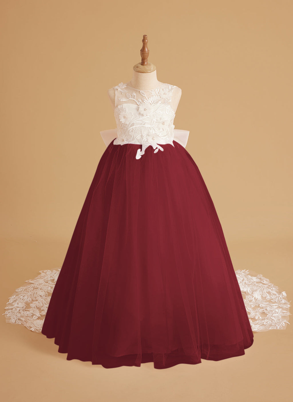 Vestido de niña de las flores sin mangas de encaje y tul con cuentas, estilo princesa de ensueño 