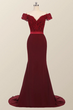 Robe de demoiselle d'honneur bordeaux en dentelle, robe de bal sirène à épaules dénudées 