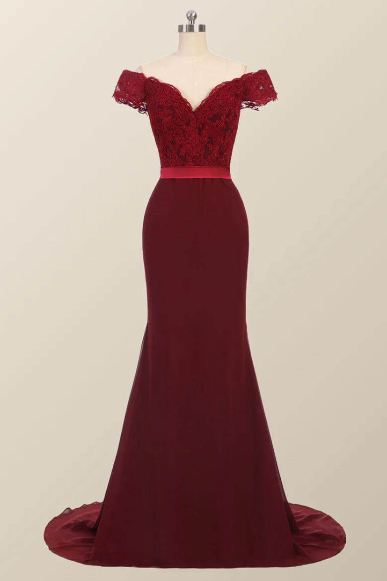 Robe de demoiselle d'honneur bordeaux en dentelle, robe de bal sirène à épaules dénudées 