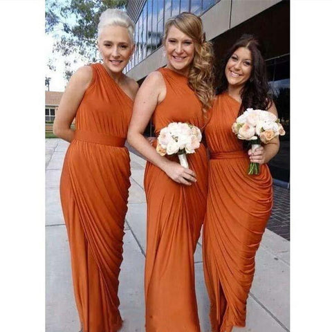 Baoleely Sheath One Shoulder Rust Orange Bridesmaid Dresses Ruffles