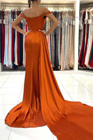Robe de bal sirène orange brûlé longue avec fente épaules dénudées