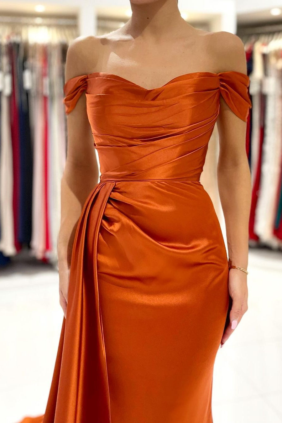 Burnt Orange Mermaid Prom Dress Long With Split Off-the-Shoulder
