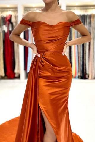 Robe de bal sirène orange brûlé longue avec fente épaules dénudées