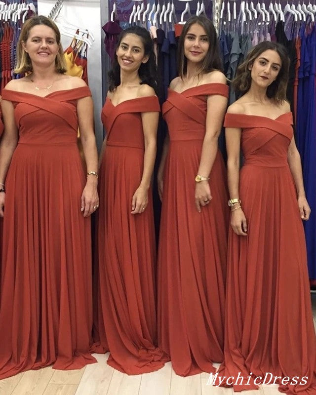 Baoleely Sheath Off Shoulder Rust Chiffon Bridesmaid Dresses Rust Long Party Dress