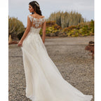 Vestidos de novia sencillos de corte A 2023, sexys, con escote en V, sin mangas, apliques de encaje, cola de barrido, para mujer, vestidos de novia con botones en la espalda, tipo bata. 