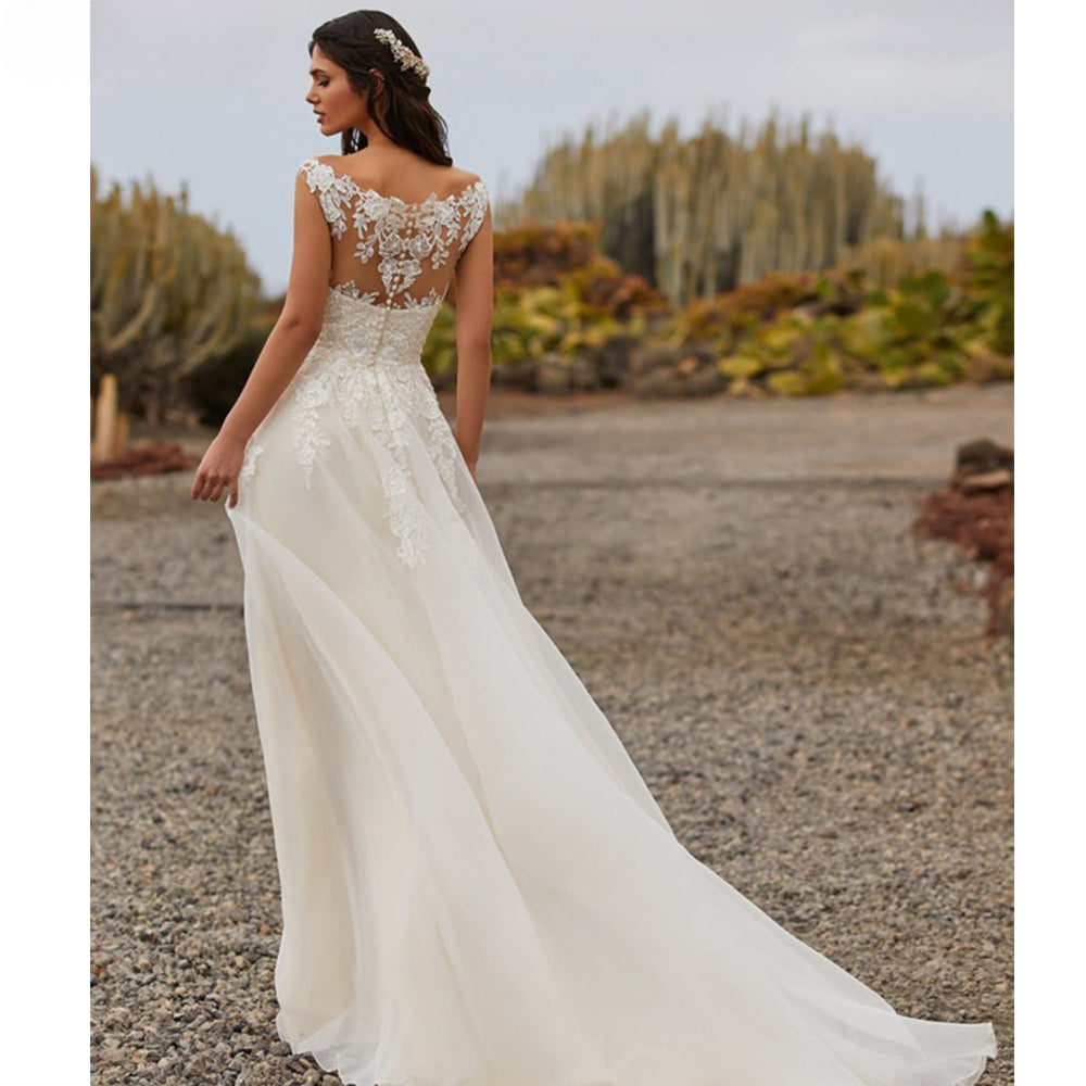 Vestidos de novia sencillos de corte A 2023, sexys, con escote en V, sin mangas, apliques de encaje, cola de barrido, para mujer, vestidos de novia con botones en la espalda, tipo bata. 
