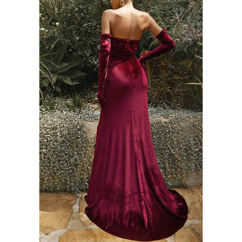 Sweetheart Strapless Velvet Sheath Long Prom Evening Dress With Thigh Slit
