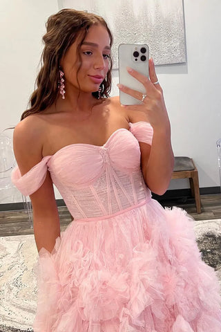 Robe de bal bleue à corset et épaules dénudées avec volants