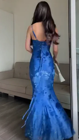 Charming Blue Print Mermaid Long Evening Dress Prom Dress Y7490