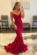 Robe de bal longue sirène à sequins fuchsia