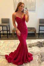 Robe de bal longue sirène à sequins fuchsia