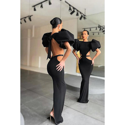Round Neck Cut Outs Sheath Long Prom Evening Gown With Puff Sleeves