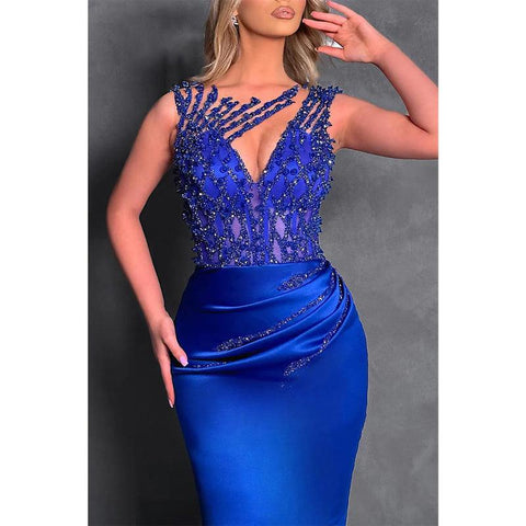 Satin Round Sleeveless Beaded Pleats Party Prom Evening Dress