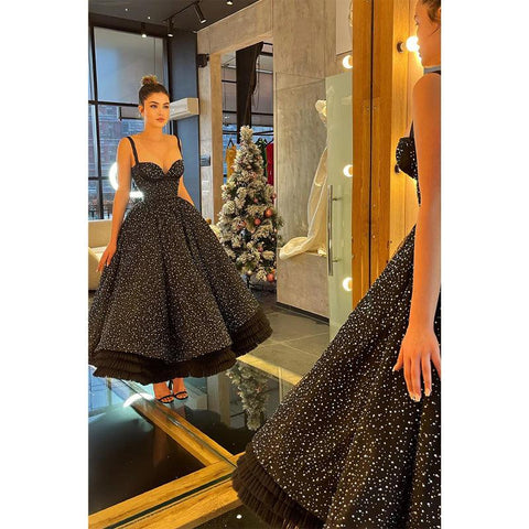 Robe de bal noire vintage à bretelles spaghetti