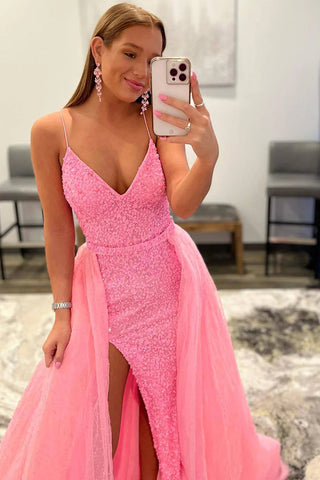Sparkly Detachable Train Sequins Prom Dress with Slit