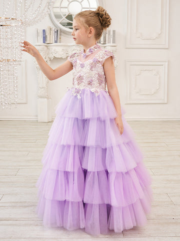 Vestido de princesa de tul lila con apliques florales y pedrería para niñas 