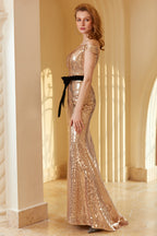Robe de soirée champagne à sequins épaules dénudées