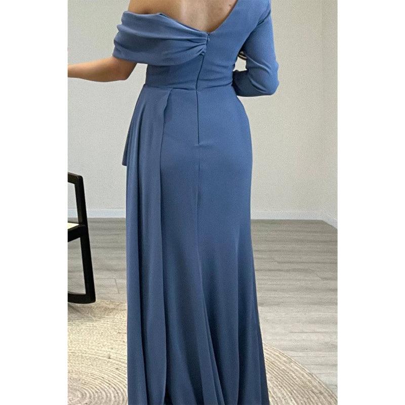 Vestido de fiesta largo de corte A con cuentas y un hombro sexy 