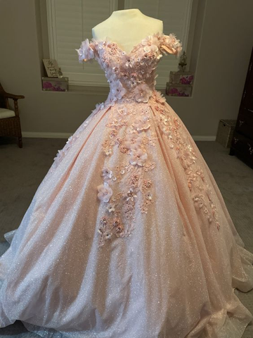 Robe de bal rose pailletée à épaules dénudées, ornée d'appliqués en tulle, robe de quinceañera Y7569