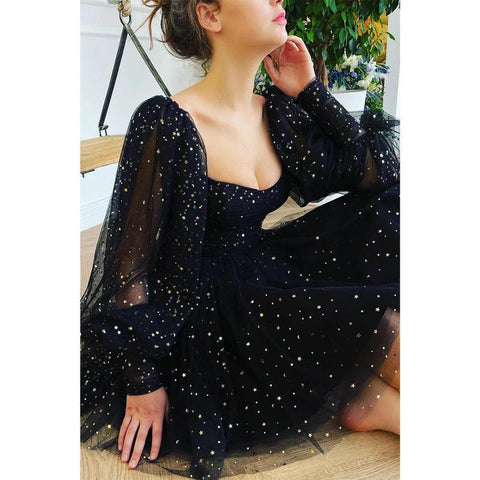 Robe de soirée noire à manches longues et paillettes 