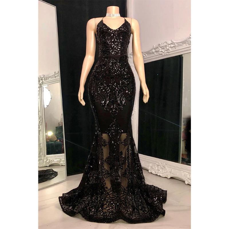 Robe de bal sirène bordeaux à bretelles spaghetti et paillettes appliquées, Black Girl Slay 