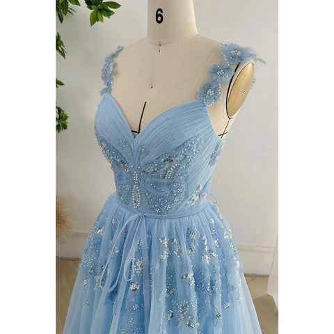 Vestido de noche de fiesta de graduación con escote en V, tirantes finos, encaje, apliques y cuentas 