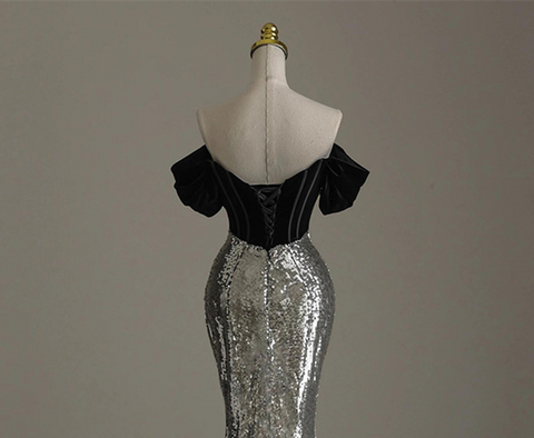 Chic Silver Mermaid Sequins Off the Shoulder Beading Prom Dress Evening Dress Y7613