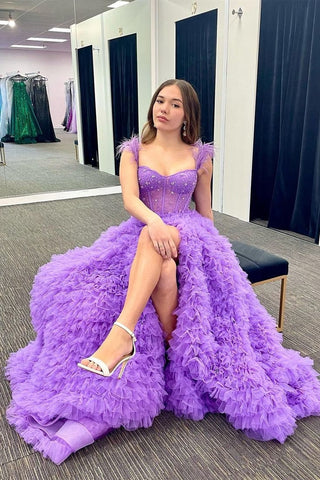 A Line Sweetheart Tiered Tulle Long Prom Dress With Slit