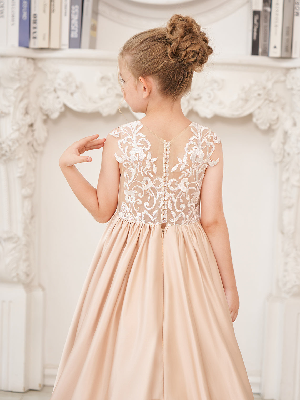 Vestido de niña de las flores de corte A, de satén y encaje, hasta el suelo 